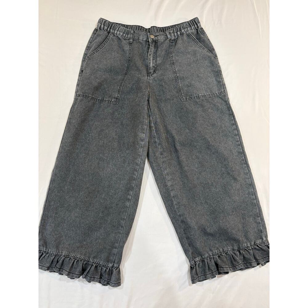 Wide Leg Ruffled Plus Size Black Faded Jeans Size 1XL